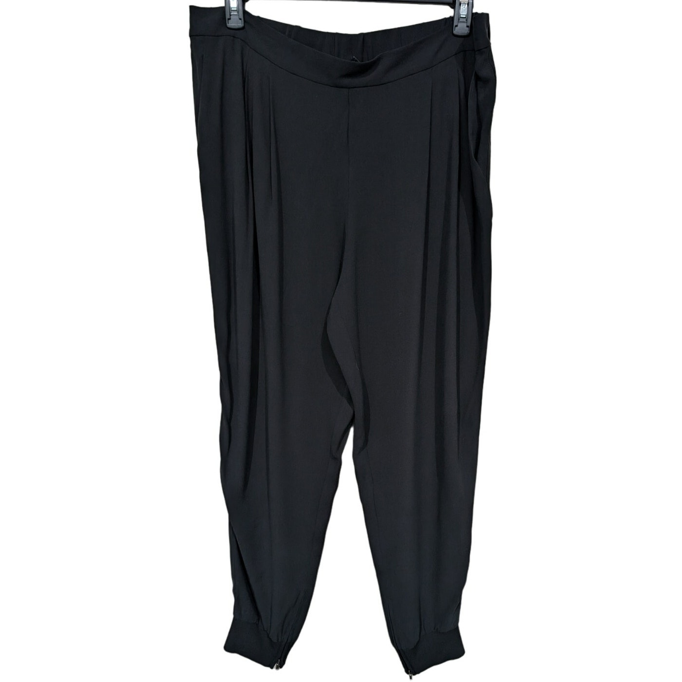 Eileen Fisher 100% Silk Georgette Crepe Jogger Pleated Sz Xl Zipper Cuffs Black